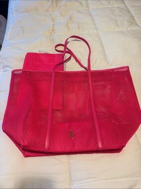 NWT Victoria’s Secret Hot Pink Mesh Beach Tote Weekender Bag + Matching Pouch